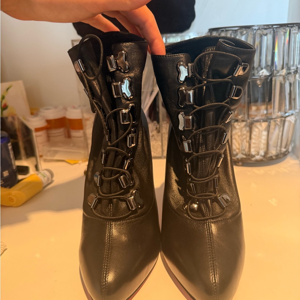 Christian Louboutin Black Leather Lace-Up Pointed Ankle Boots